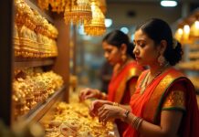 Indian women buy golden ornaments in a big shop.