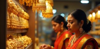 Indian women buy golden ornaments in a big shop.