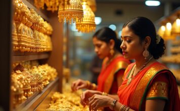 Indian women buy golden ornaments in a big shop.