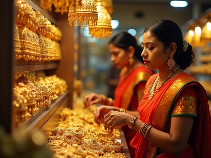 Indian women buy golden ornaments in a big shop.